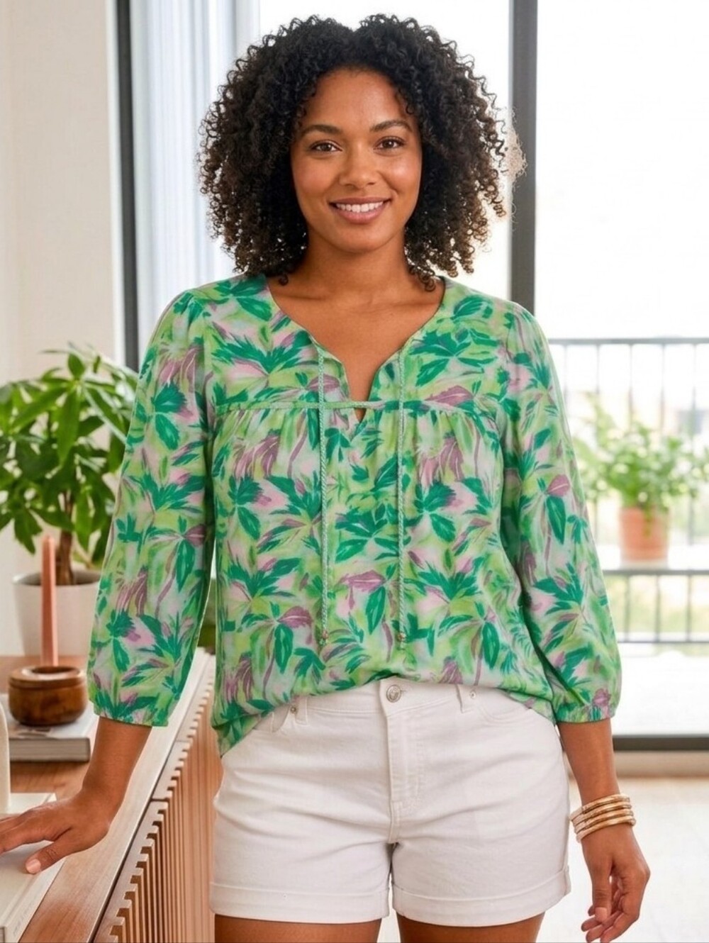 Stella Parker M Top Green Tropical Palm 3/4 Sleeve Tie Front Pullover Stretch